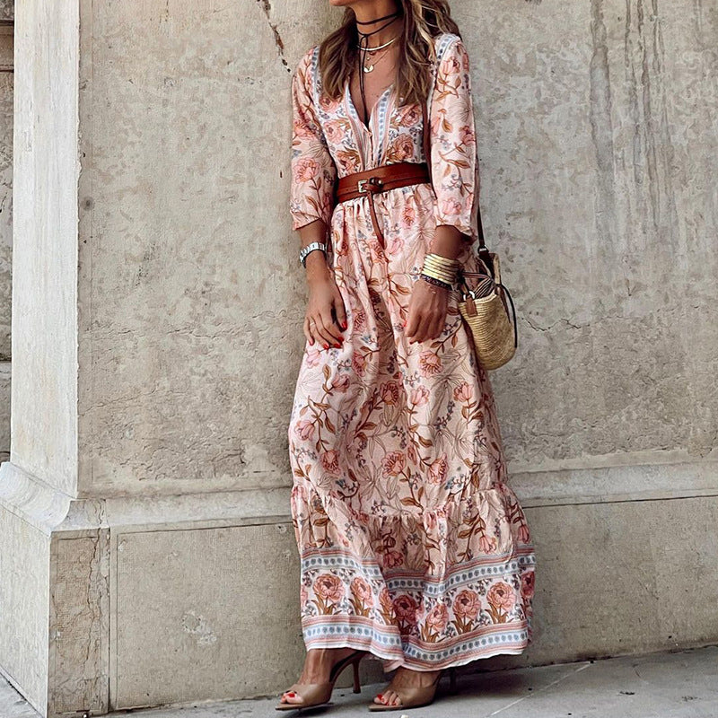Autumn New Casual Style Bohemian Mid Length Printed Dress