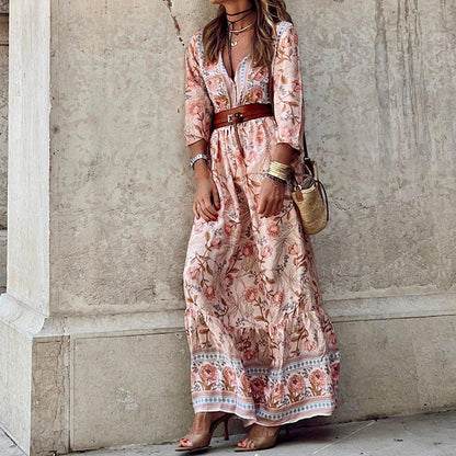 Autumn New Casual Style Bohemian Mid Length Printed Dress