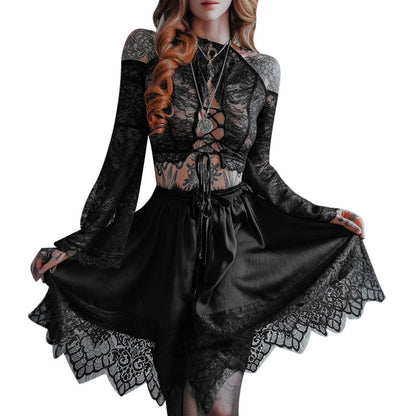 Sheer Lace-Up Top with Bell Sleeves for Trendy Style