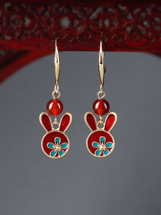 Red Earrings Antique Rabbit Earrings With Cheongsam Retro Sterling Silver Ethnic Earrings
