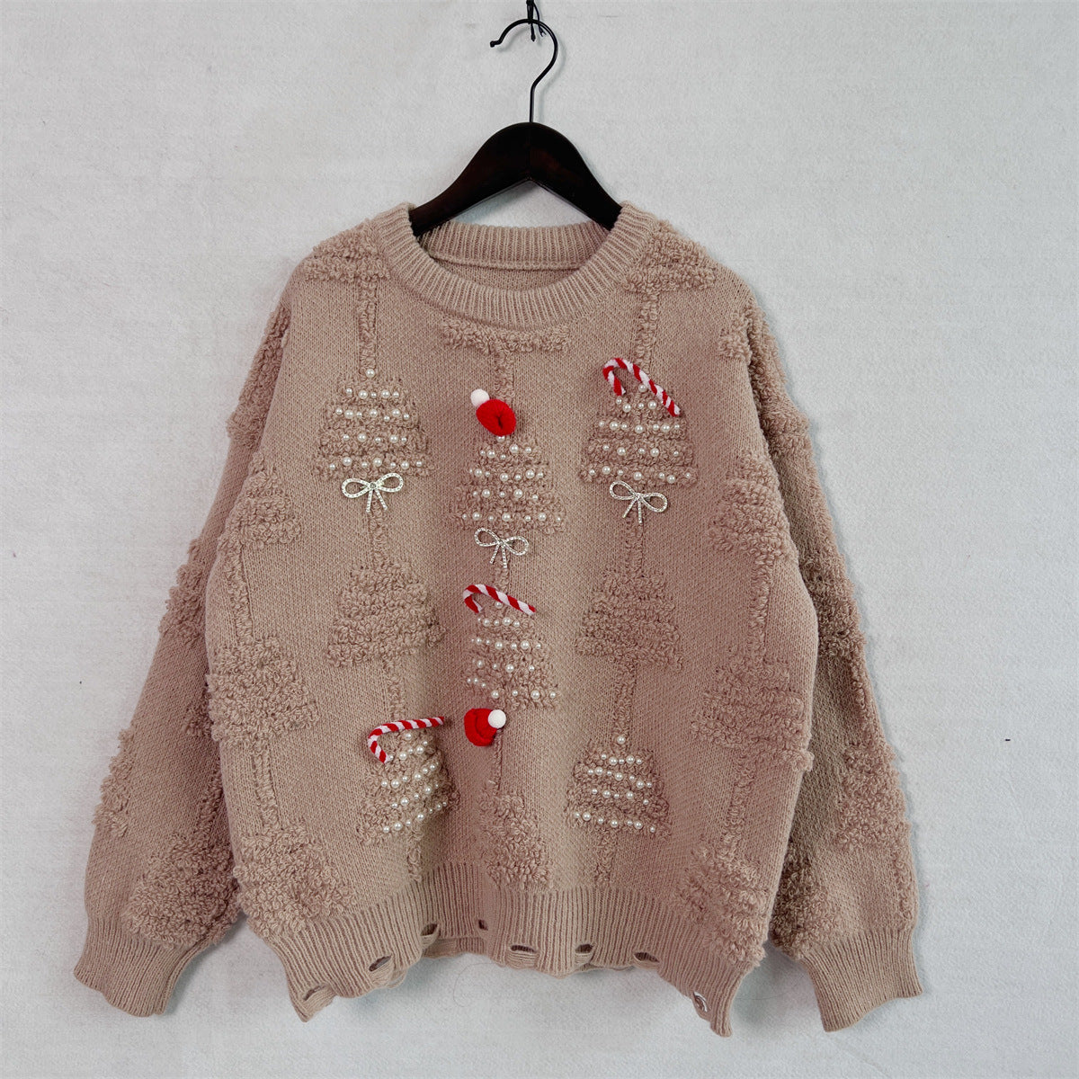 Solid Color Crew Neck Pearl Christmas Sweater