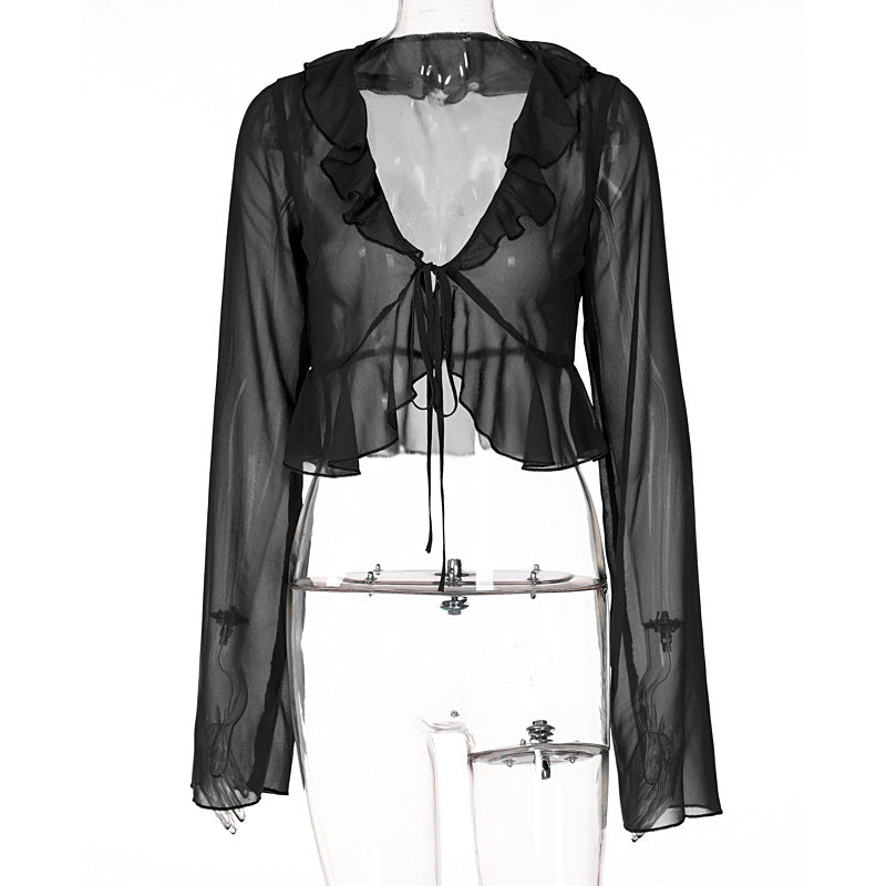 Deep V-Neck Long Sleeve Sheer Top with Ruffle Trim