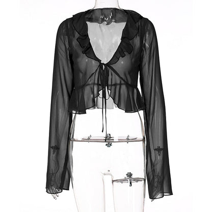 Deep V-Neck Long Sleeve Sheer Top with Ruffle Trim