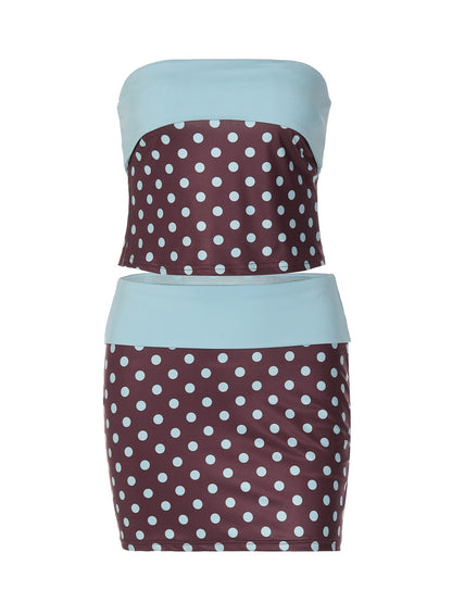 Trendy Polka Dot Crop Top & Color Block Mini Skirt Set