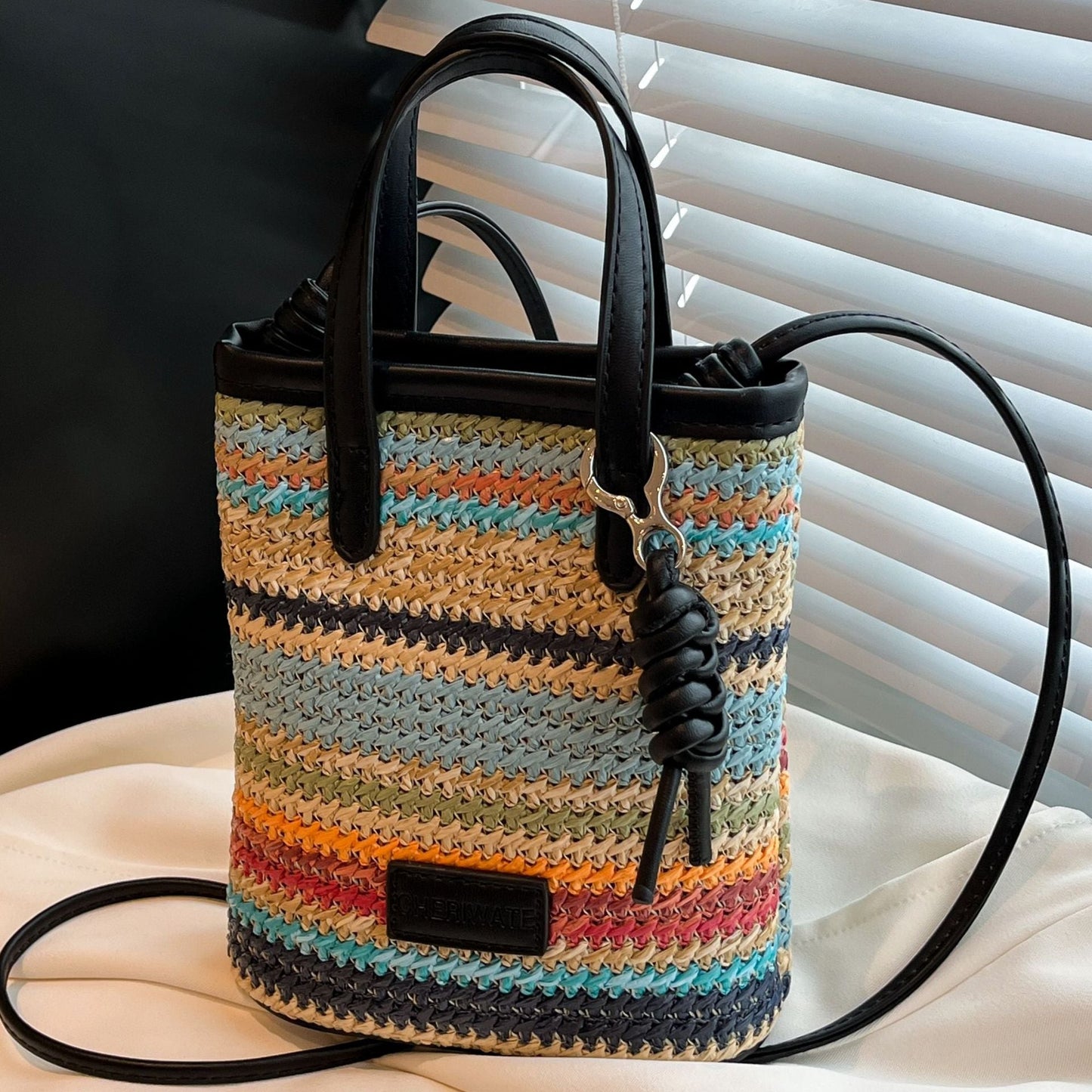 Rainbow Woven Tote Bag Stylish Summer Crossbody Bag