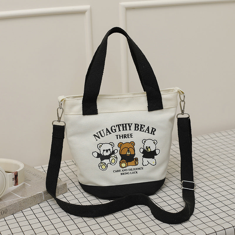 Cute Bear Canvas Tote Bag Portable Lunch Bag for Daily Use