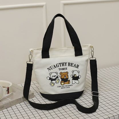 Cute Bear Canvas Tote Bag Portable Lunch Bag for Daily Use