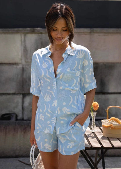 Light Blue Cotton Palm Print Co-Ord Set