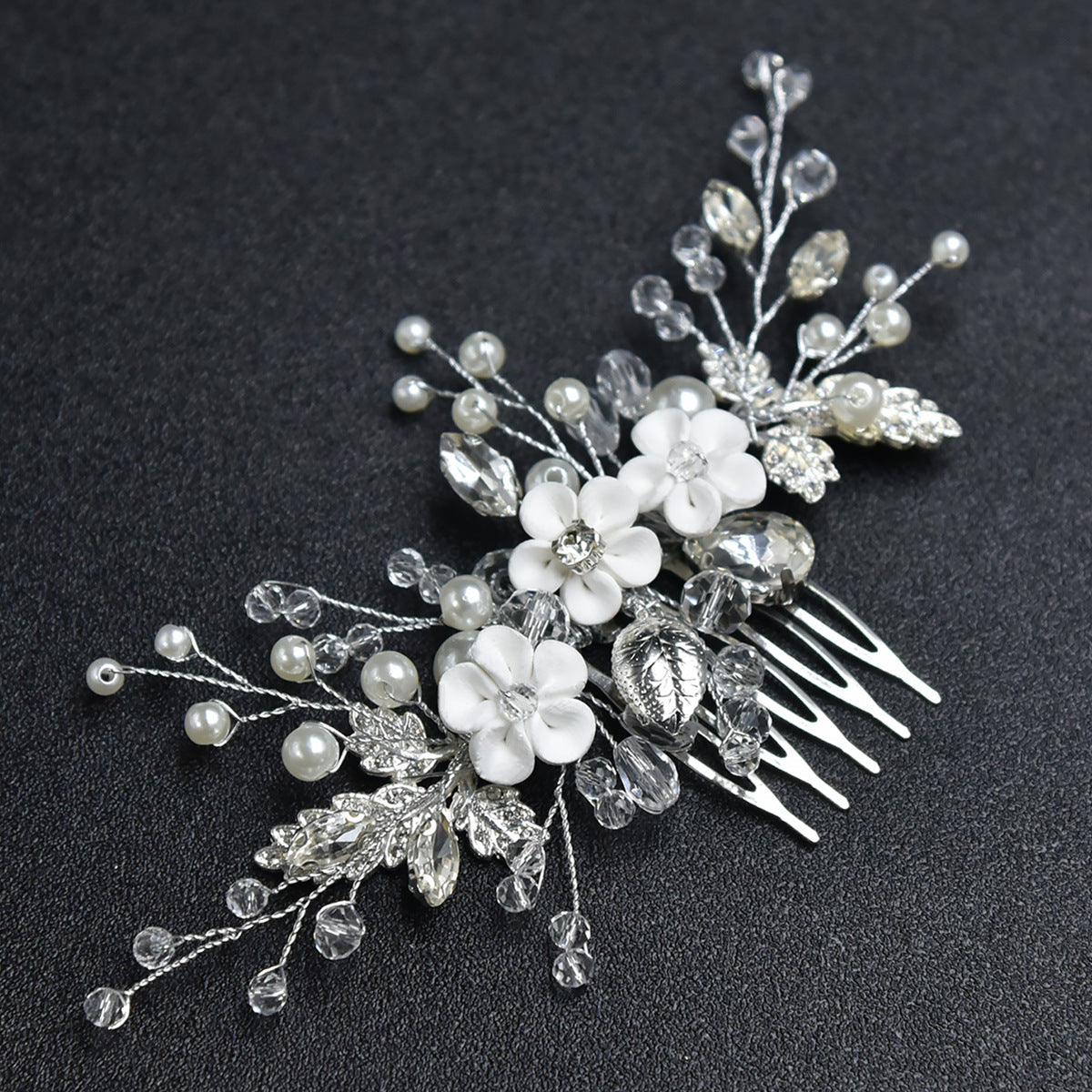 White Floral Bridal Hairpiece Handmade Crystal Beaded Comb