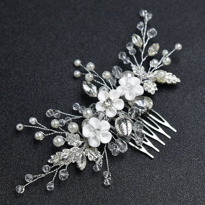 White Floral Bridal Hairpiece Handmade Crystal Beaded Comb