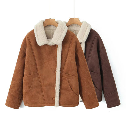 Trendy Lapel Collar Loose Warm Lamb Wool Coat