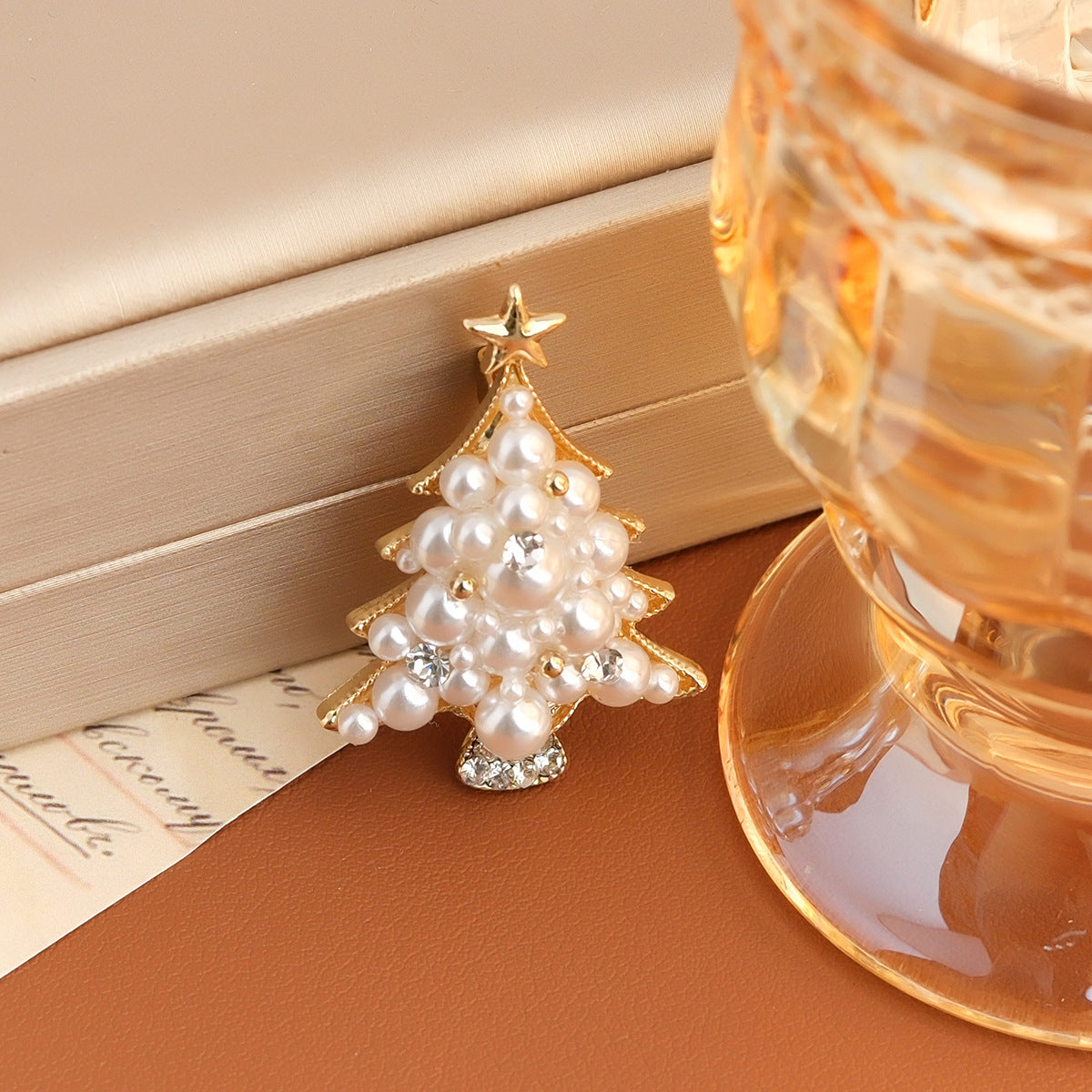 Elegant Crystal Pearl Christmas Tree Brooch