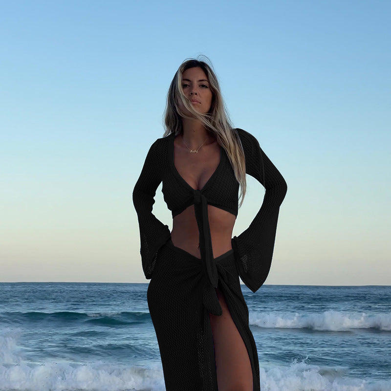 Sexy Hollow Out Knit String Tie Cover Up Set