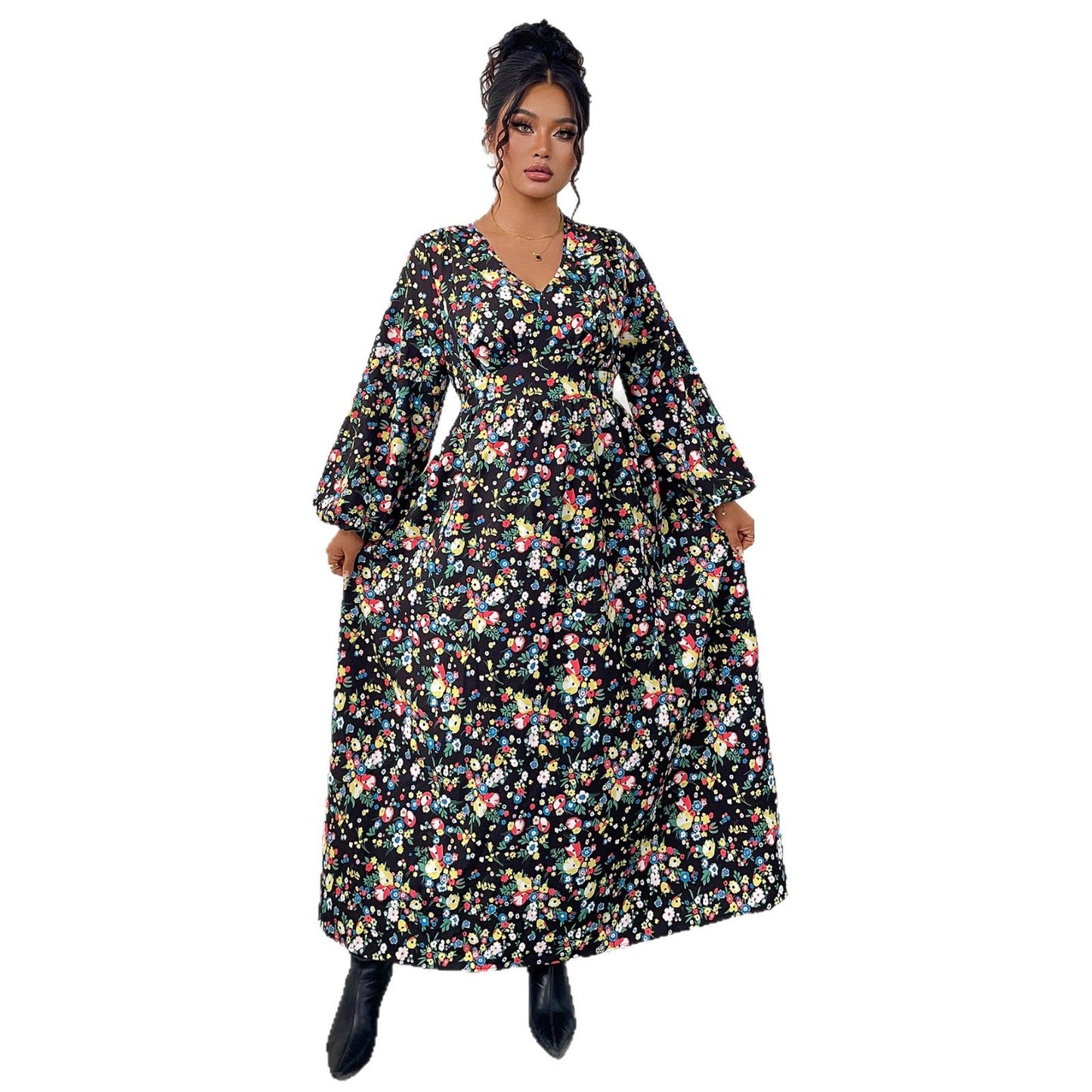 Printed V-Neck High-Waist Loose Maxi Dress