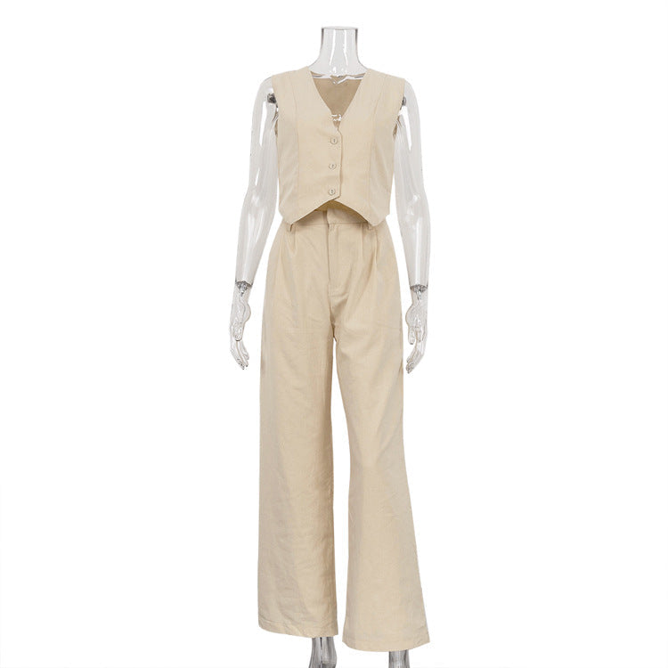 Casual Sleeveless Cotton Vest & Long Pants Set