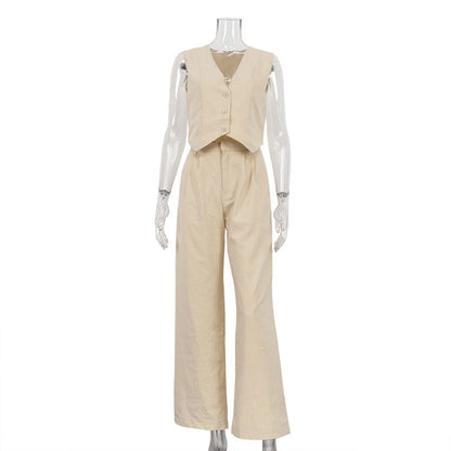 Casual Sleeveless Cotton Vest & Long Pants Set