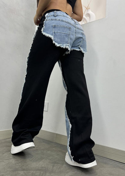 Fashion Splicing Drawstring Straight Leg Jeans