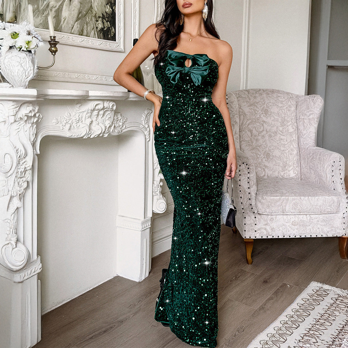 Elegant Strapless Long Dress with Sequins
