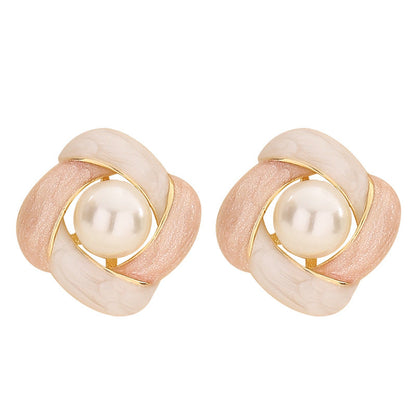 Elegant French Enamel Drip Glaze Floral Pearl Stud Earrings