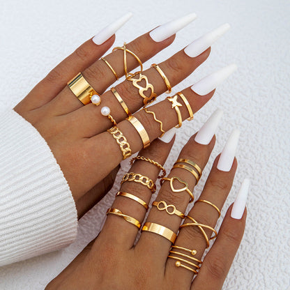 Trendy Leaf Heart Rings Geometric Pearl Joint Stacking Ring Set