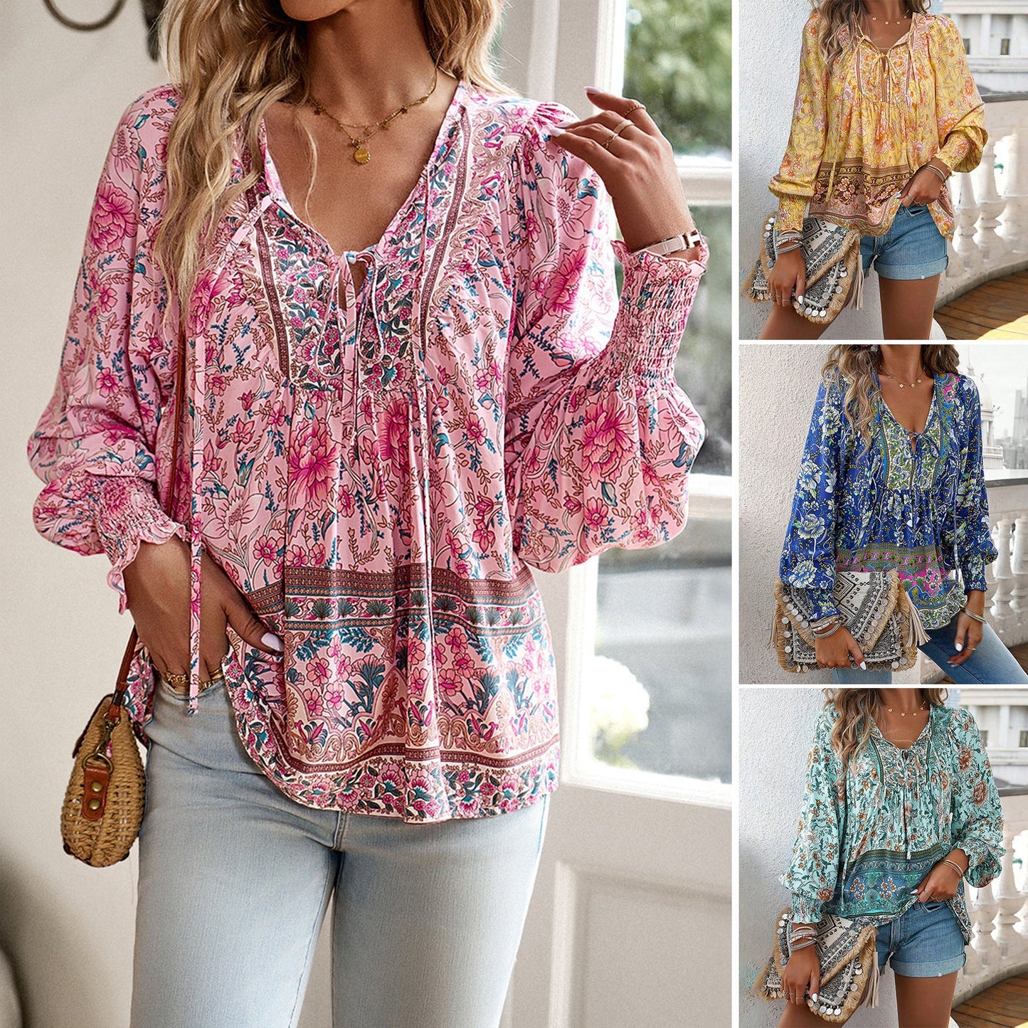 Bohemian Print Long Sleeve Cotton Blouse for Women