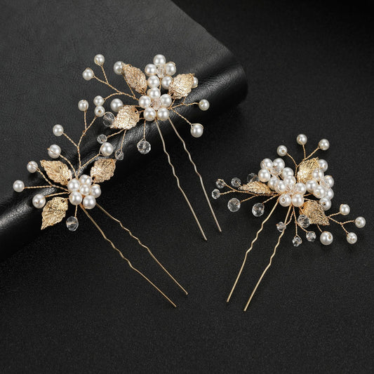 Gold And Silver Leaf Pearl U-Shaped Hairpins Set