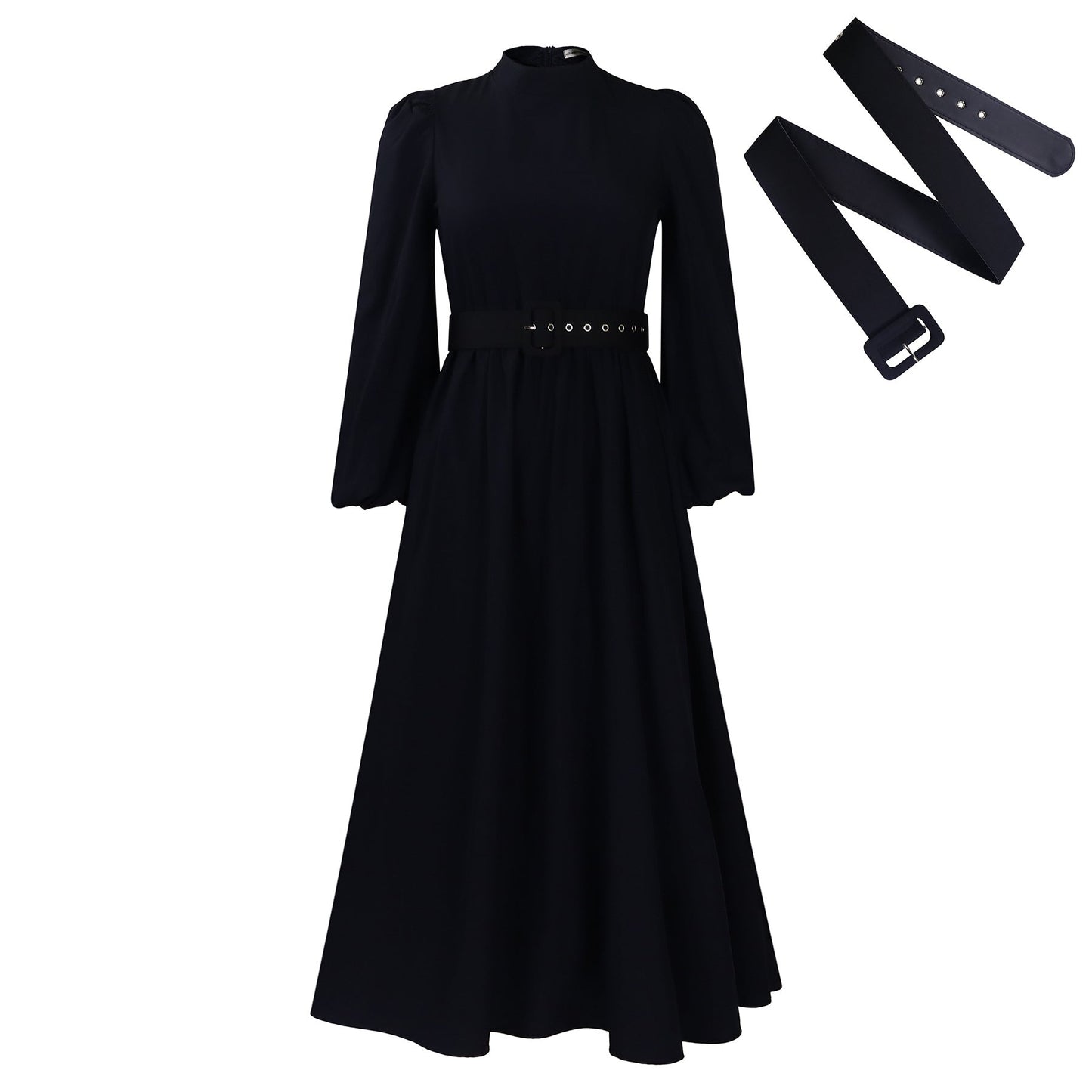 Elegant High Neck Long Sleeve Dress With Belt