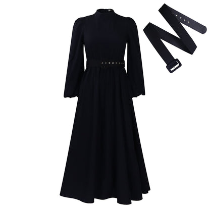Elegant High Neck Long Sleeve Dress With Belt