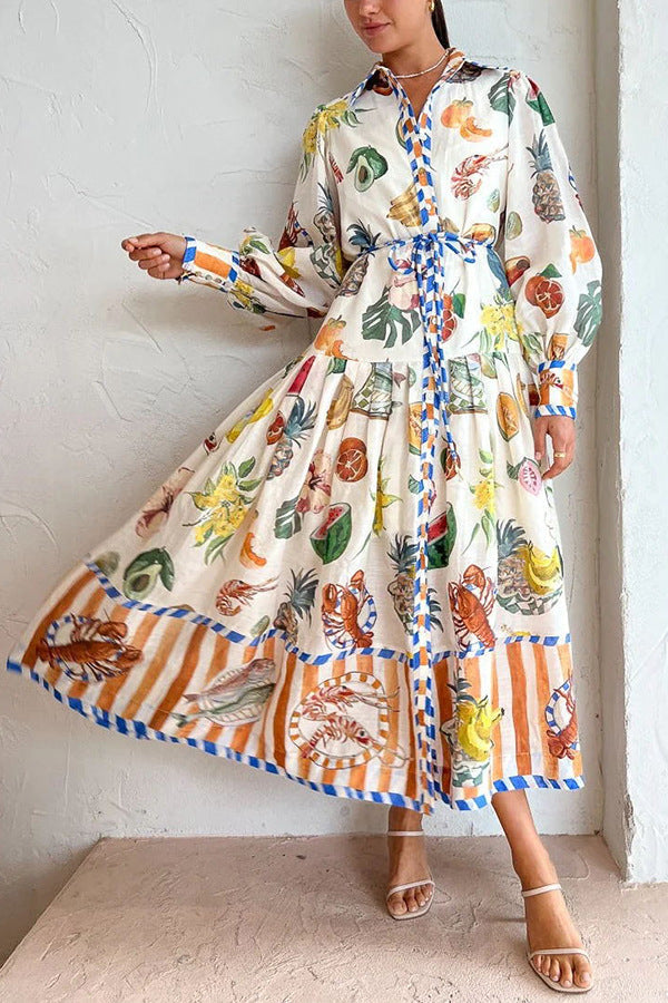 New Autumn Single-Breasted Graffiti Printed Lace Waist Dress
