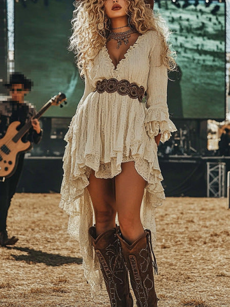 Floral Lace Fringe Vintage Midi Dress for Festivals