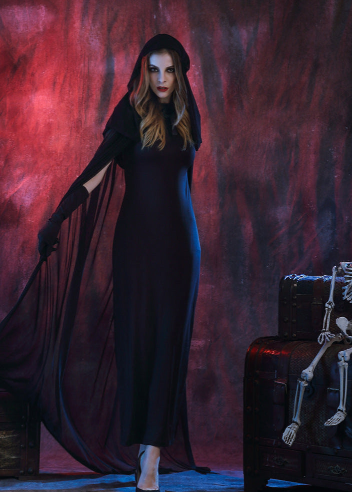 Long Black Dress With Sheer Hooded Cape