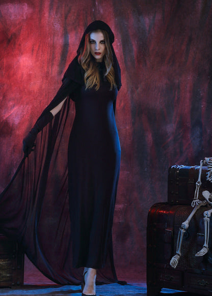 Long Black Dress With Sheer Hooded Cape