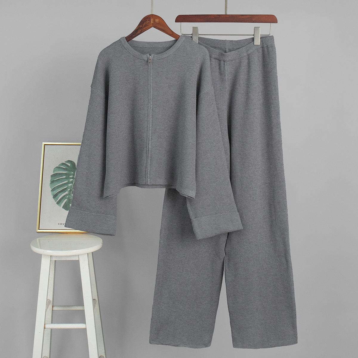 Casual Knitted Long Sleeve Top And Wide Leg Pants Set