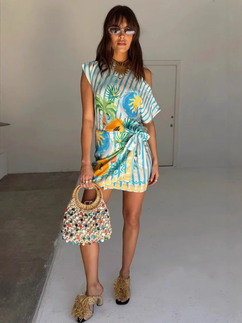 Linen Off-Shoulder Bodycon Dress Set with Tie Detail