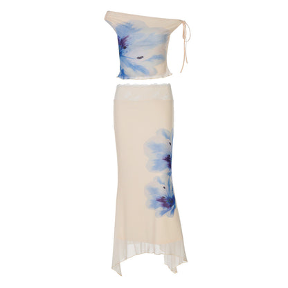 Floral Print Asymmetrical Top With Tie Back And Slim Fit Midi Skirt Set