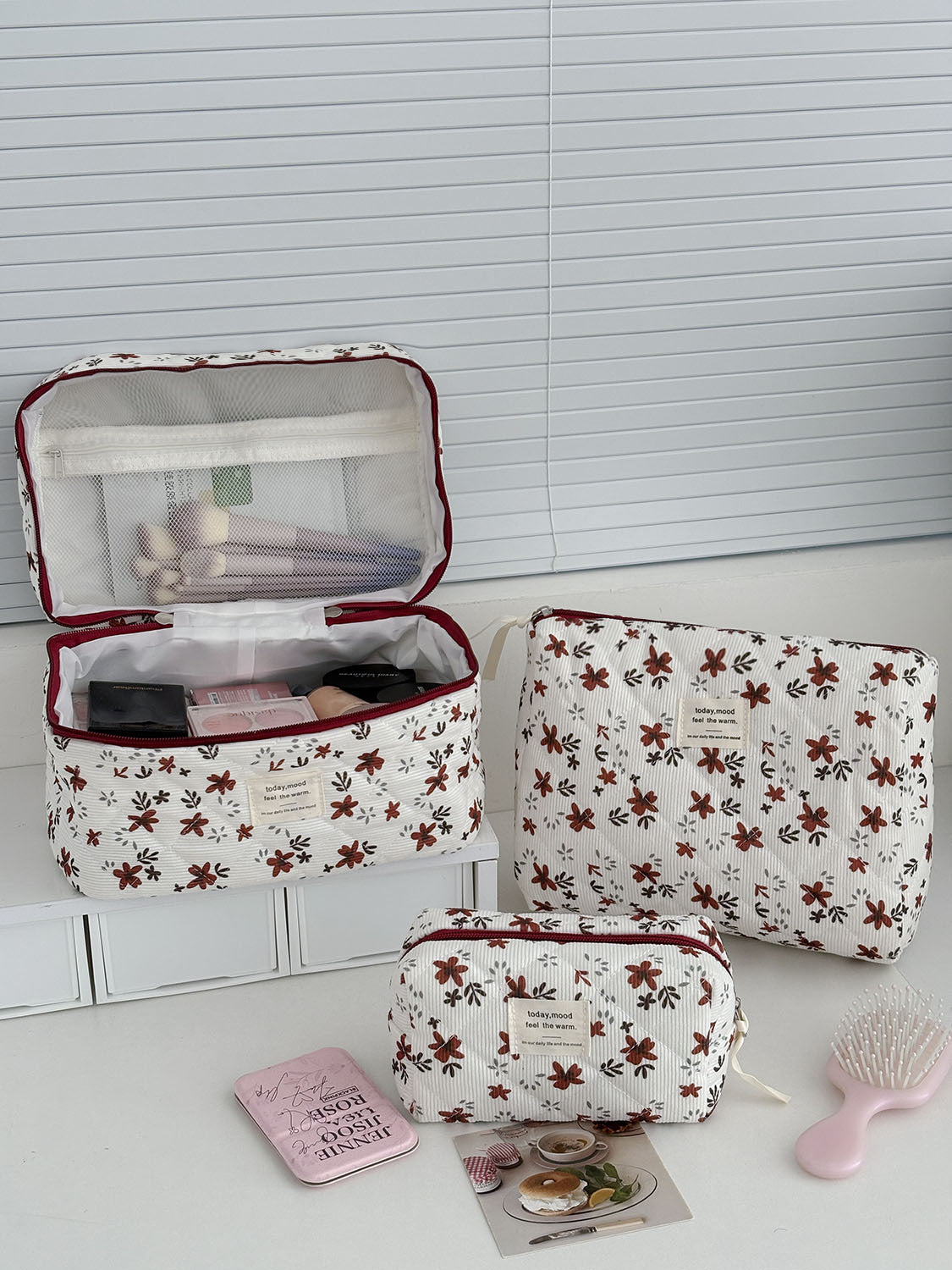 Orange Floral Corduroy Makeup Bag Spacious Outdoor Travel Toiletry Bag