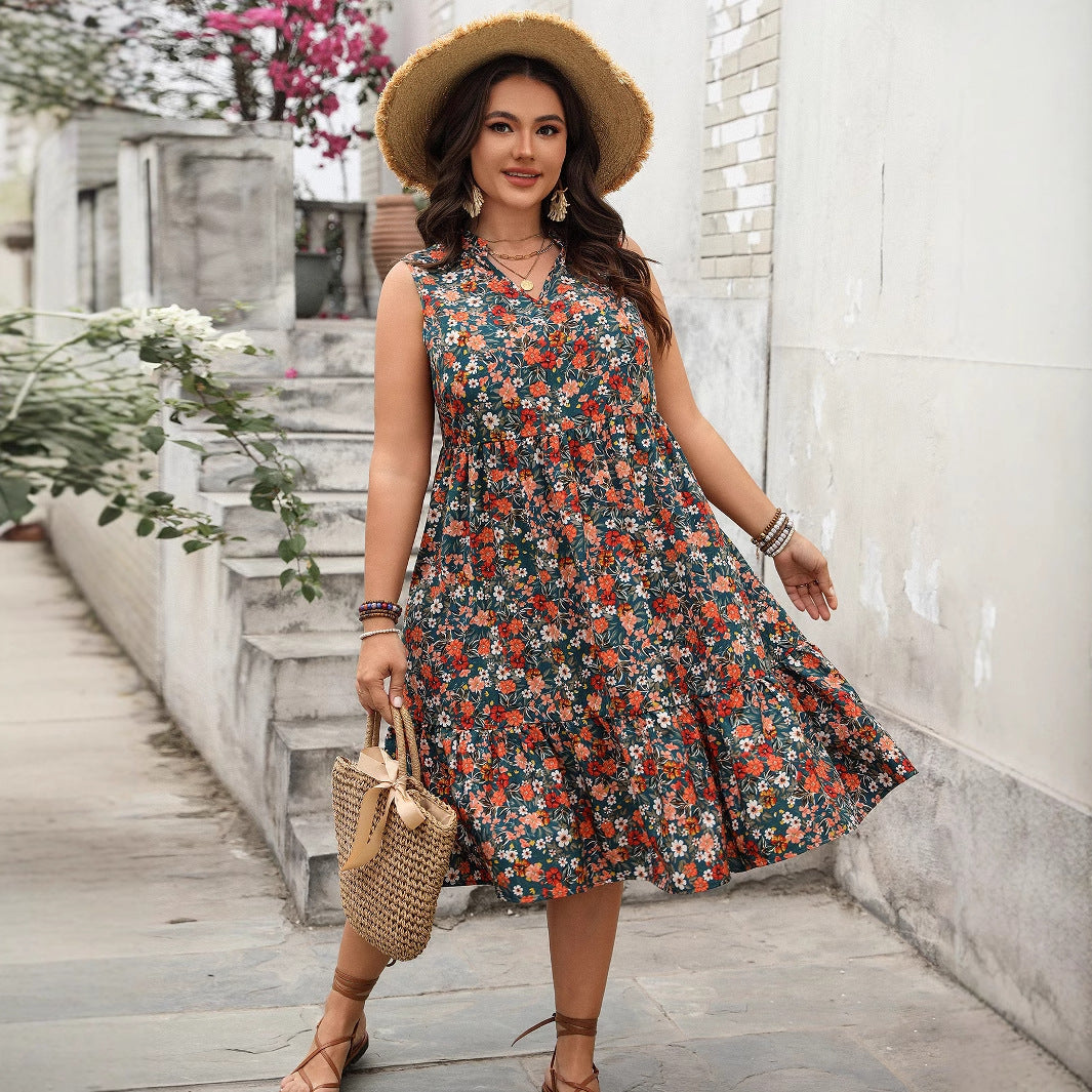 Elegant Floral Print Sleeveless Dress Polyester Casual Maxi Dress