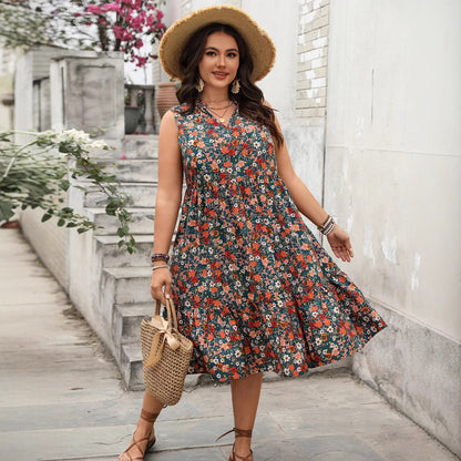 Elegant Floral Print Sleeveless Dress Polyester Casual Maxi Dress