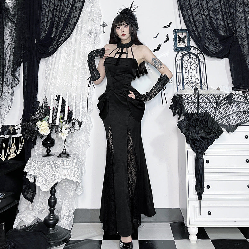 Gothic Style Lace Maxi Dress with Halter Neck