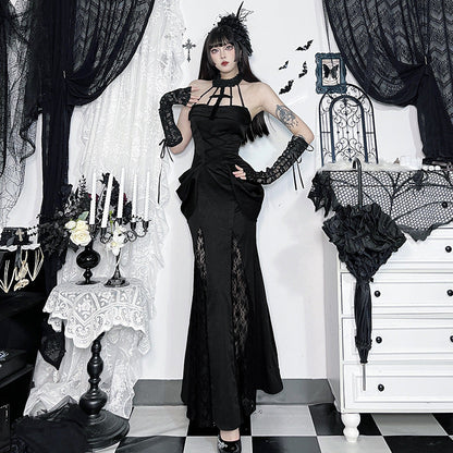 Gothic Style Lace Maxi Dress with Halter Neck