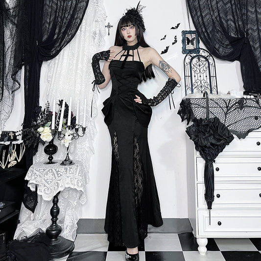 Gothic Style Lace Maxi Dress with Halter Neck
