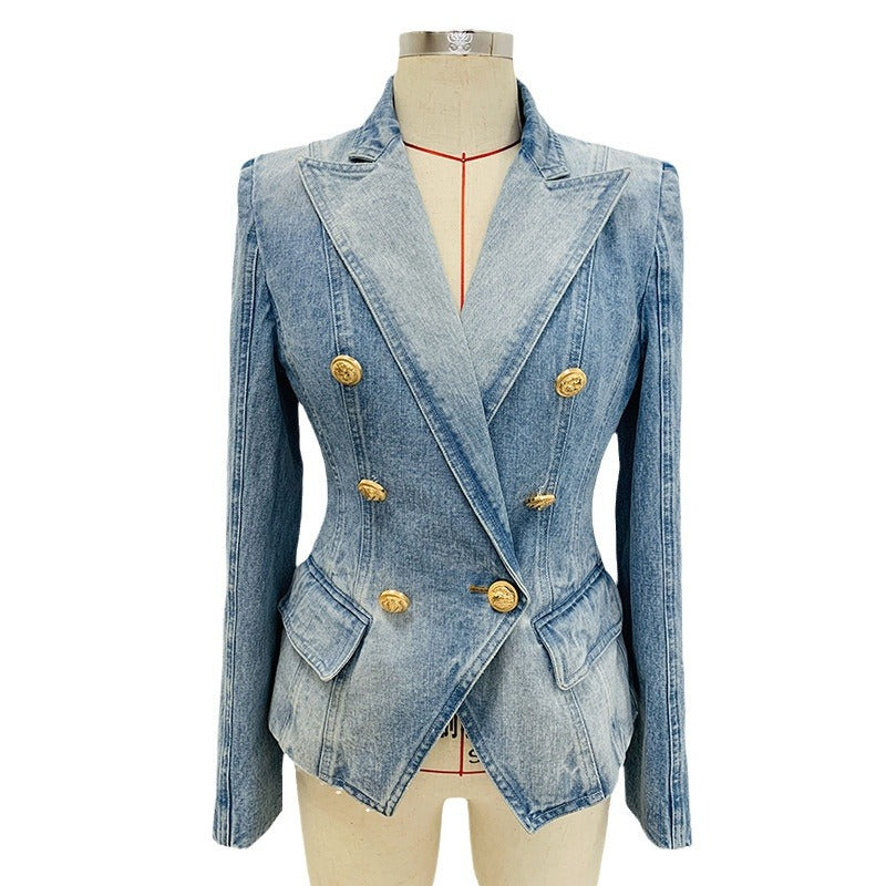 Double-Breasted Lion Button Denim Blazer Style