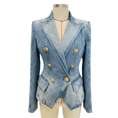 Double-Breasted Lion Button Denim Blazer Style
