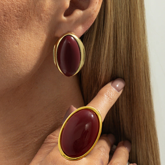 Retro Bold Red Gem Resin Ring Stylish Geometric Metal Wide Band Ring