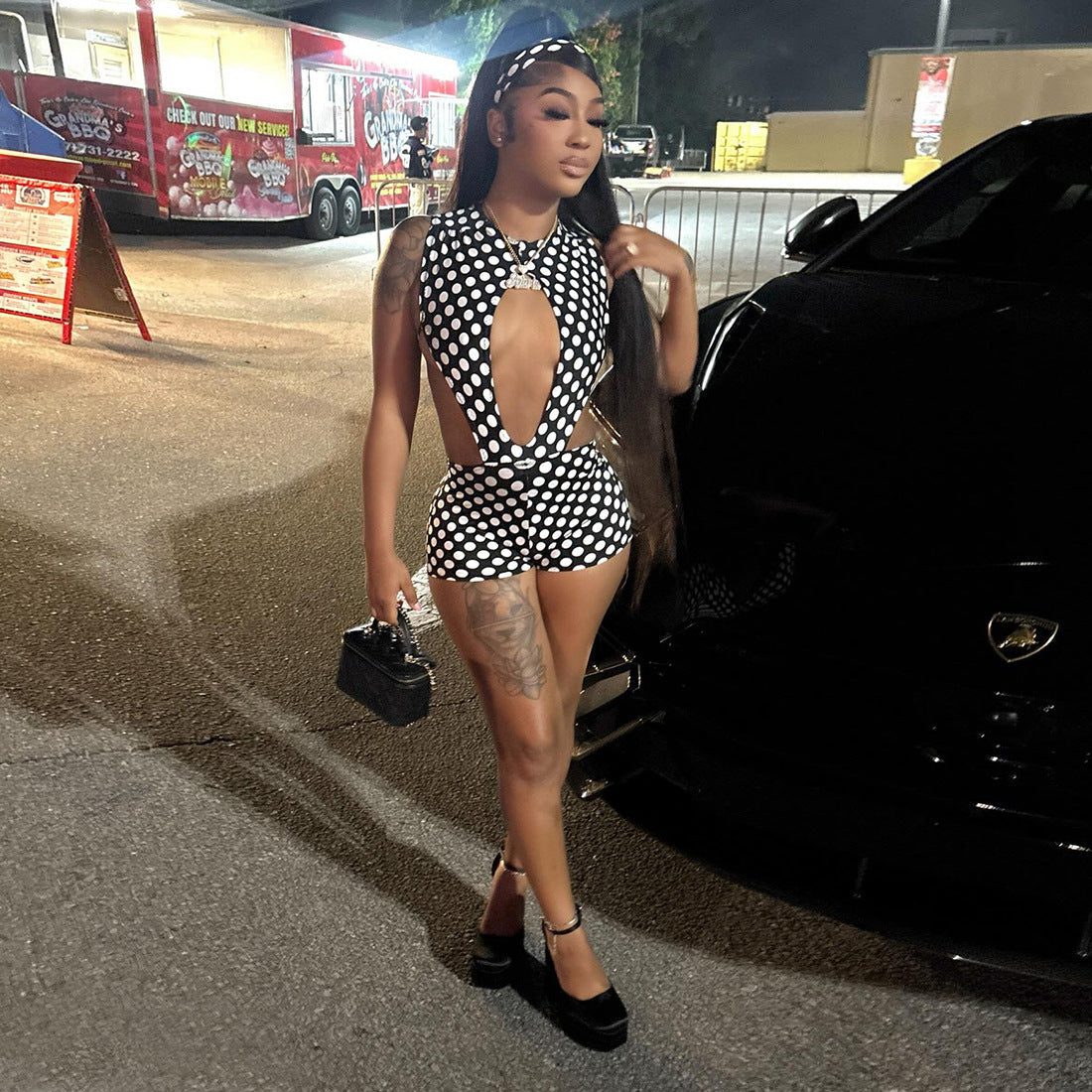 Dot Pattern Sexy Hollow Out Jumpsuit Set