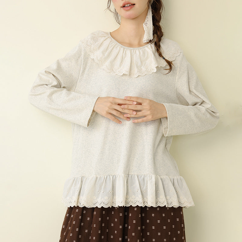 Embroidered Lace Trim Knit Sweater Casual Loose Top
