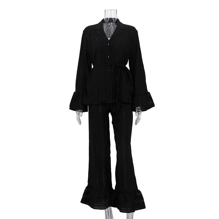 Casual Ruffled Shirt And Pant Set Cotton Long Sleeve