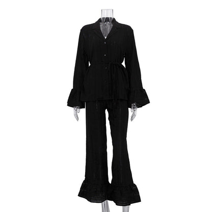 Casual Ruffled Shirt And Pant Set Cotton Long Sleeve