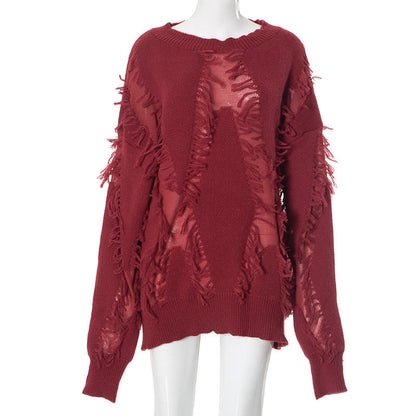 Vintage Loose Tassel Patchwork Pullover Sweater