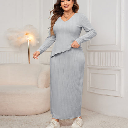 Plus Size Loose Fit Fashion Two-Piece Skirt Set With Long Sleeves